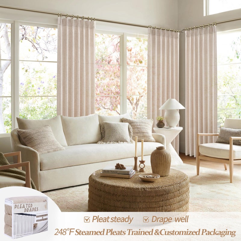 PleatedDrapes ستائر مطوية من الخيش شبه الشفاف بطول 84 بوصة، بلد محايد باللون البيج والكتان والكتان وستائر تصفية للسقف من أجل انزلاق الباب الزجاجي/المكتب 2 لوح خطافات ستائر الخصوصية - Image 5